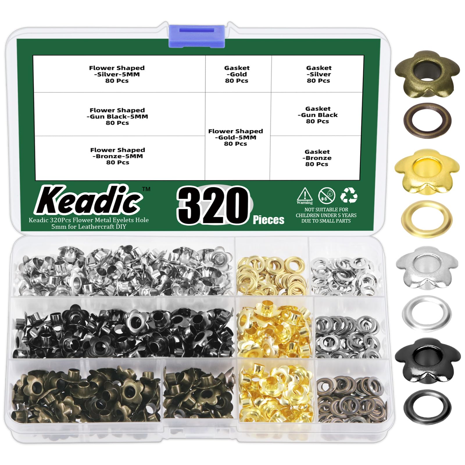 Keadic 320 Sets 3/16 Inch (5mm) Multi-Color Metal Grommets Assortment kit