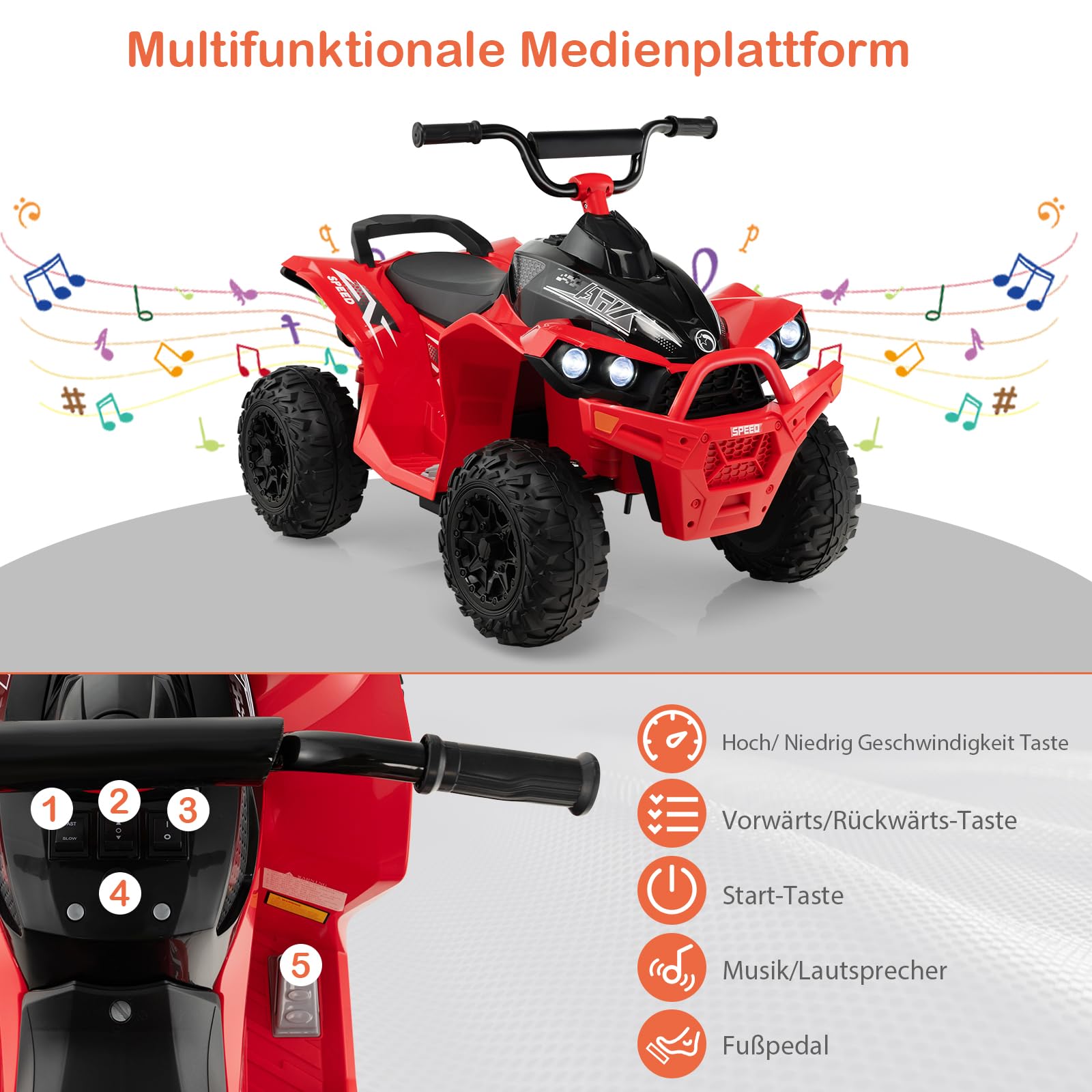 DREAMADE Kinderquad ATV, 12V Elektroquad mit LED-Lichtern,Hupe, Musik & Ladegerät, 2,15-4,3 km/h, Elektrofahrzeug für Kinder 3-8 Jahre (Rot)