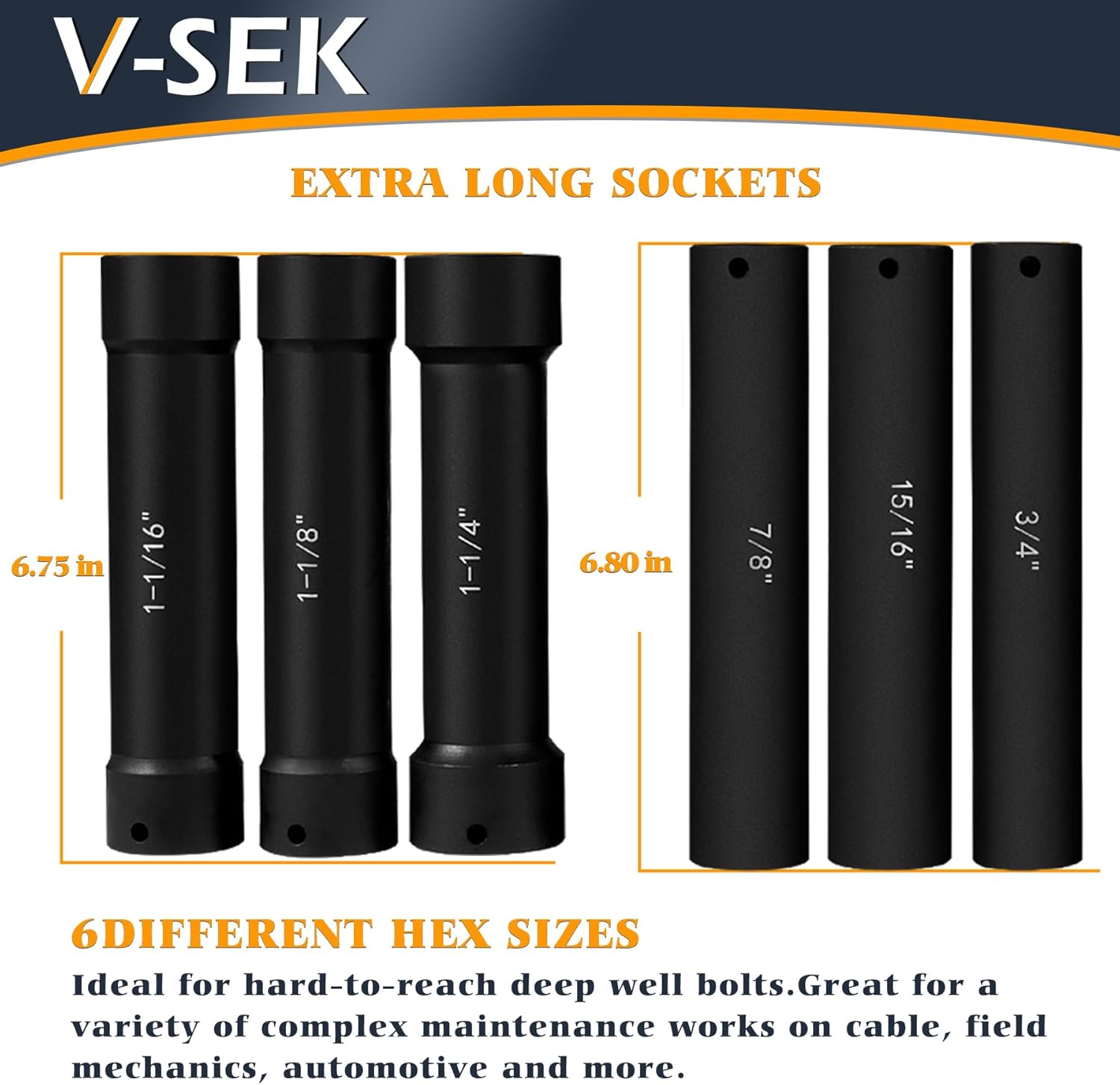 6.75 Inch Long Extended Length Impact Socket Set 1/2 Inch Drive Extra Deep Sockets Heavy Duty Steel With Hex Sizes 3/4" 7/8" 15/16" 1-1/16" 1-1/8" 1-1/4" for High Torque Use 6PCS