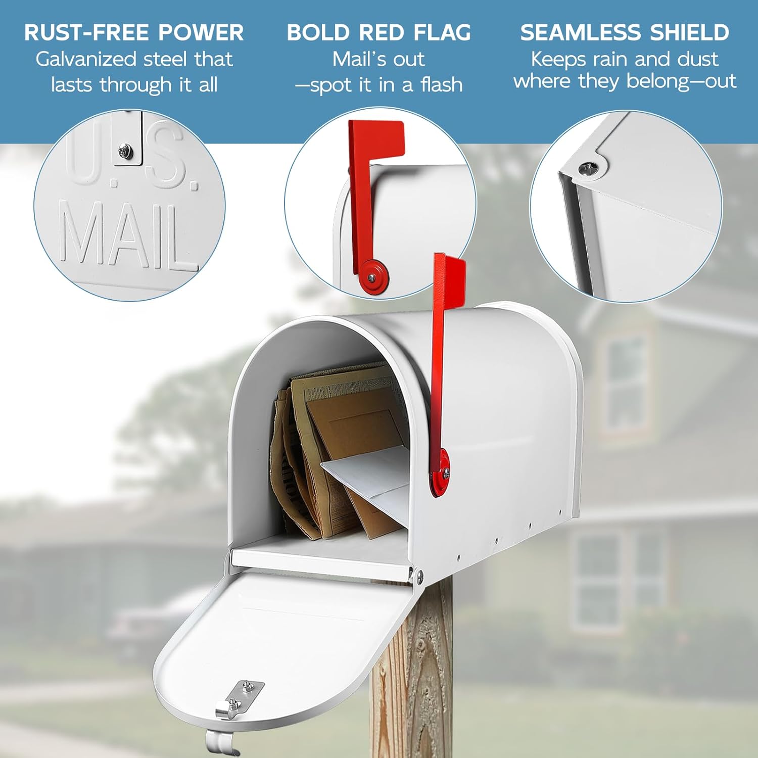 BlissBoard Metal Mailboxes Post Mount, Galvanized Steel Outside Mail Box, Standard Medium Capacity, 20 x 8.7 x 6.7 Inches, White