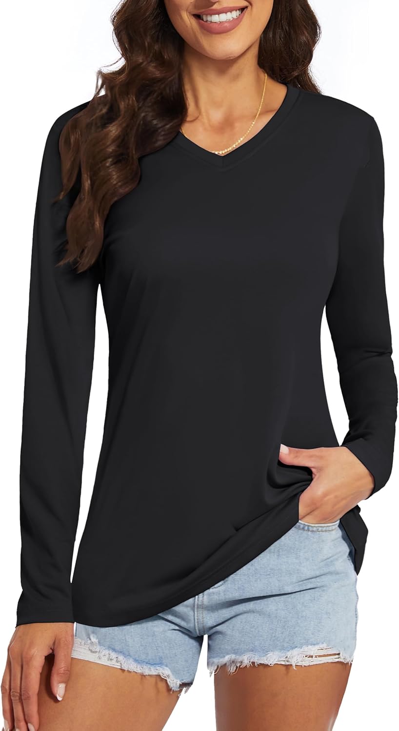 Women's Long Sleeve V Neck Workout Tops UPF50+ Sun Protection Moisture Wicking Lightweight Swim T-Shirts