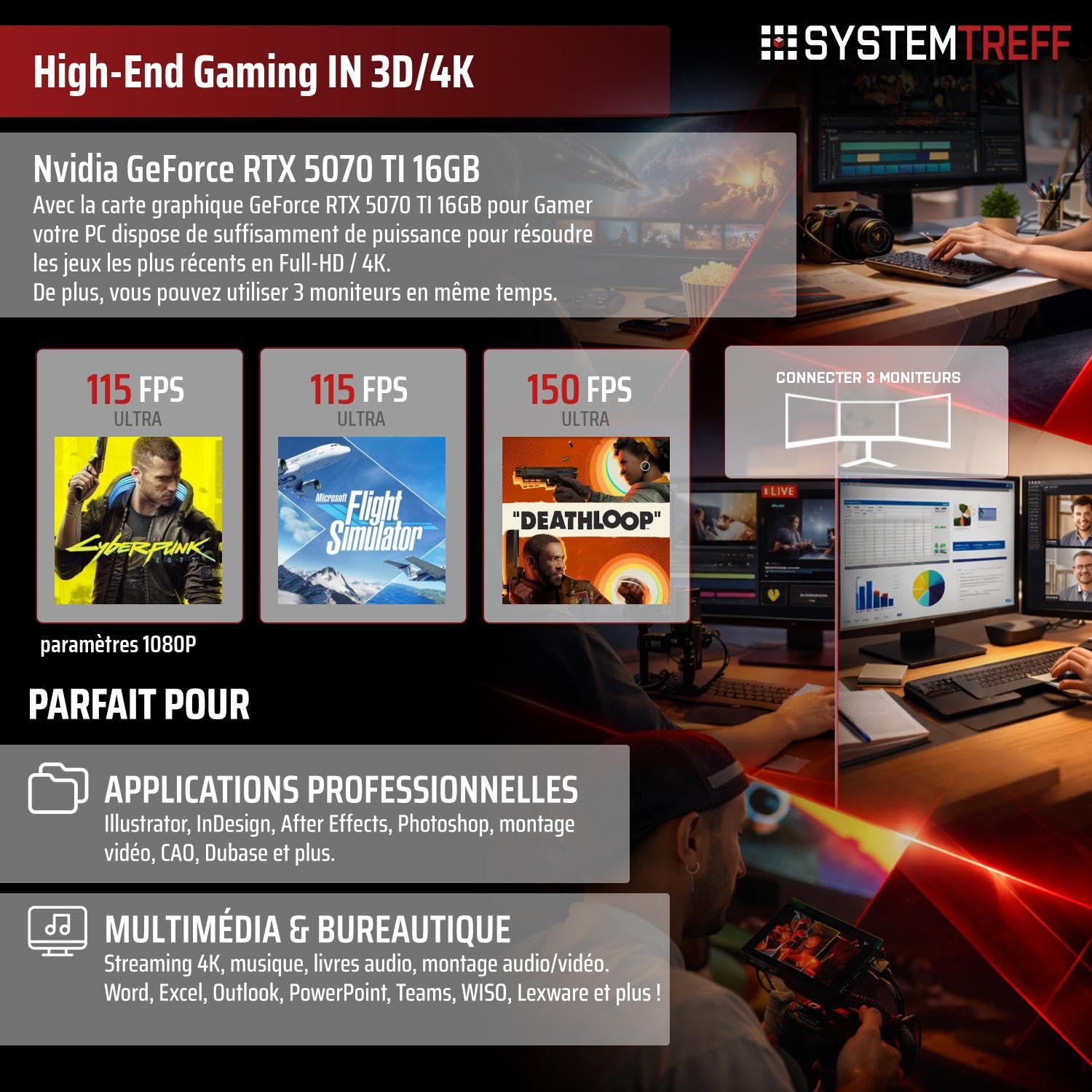 SYSTEMTREFF PC Gamer High-End - AMD Ryzen 7 7800X3D - RTX 5070 TI 16Go