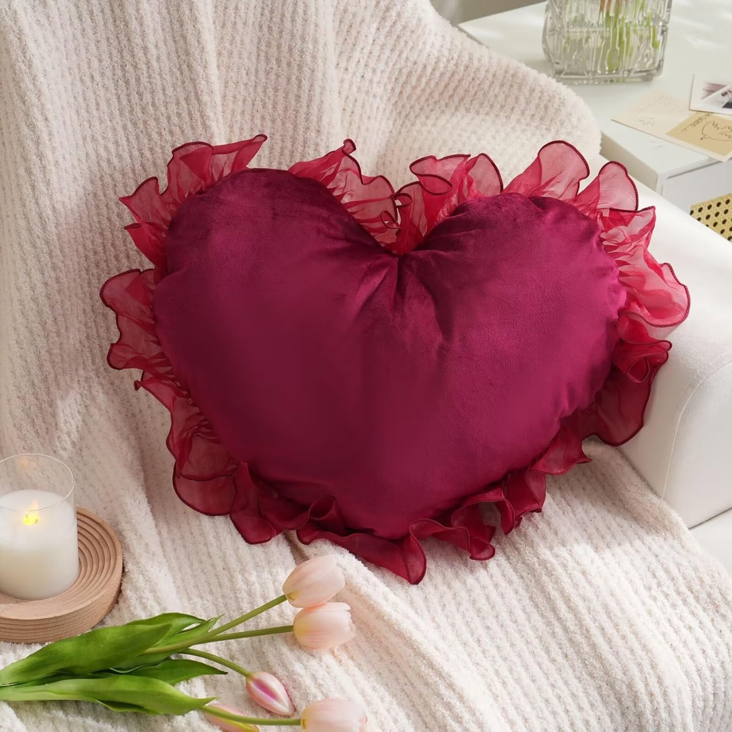 Love Heart Throw 20×16inch Pillow Faux Fur Heart Shaped Pillows Long Plush Throw Pillow Home Decoration Soft Floor Cushion Pillow Cushion for Bed Sofa Bay Window Wine Red