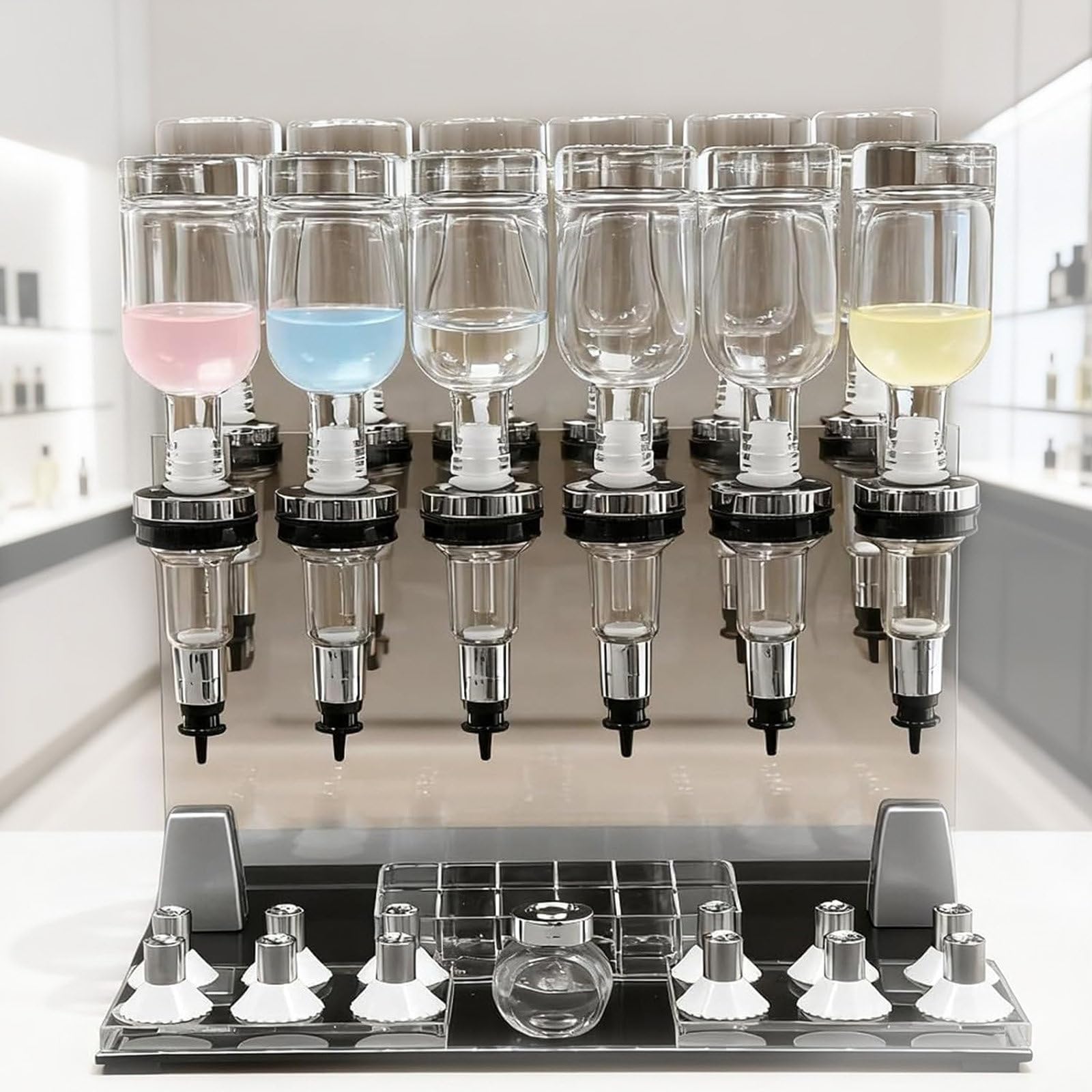 XueFulxion Premium manual liquid rack adopts anti-sway design for safe dispensing. All washable parts and tough materials support long-term daily commercial application steadily. 12heads
