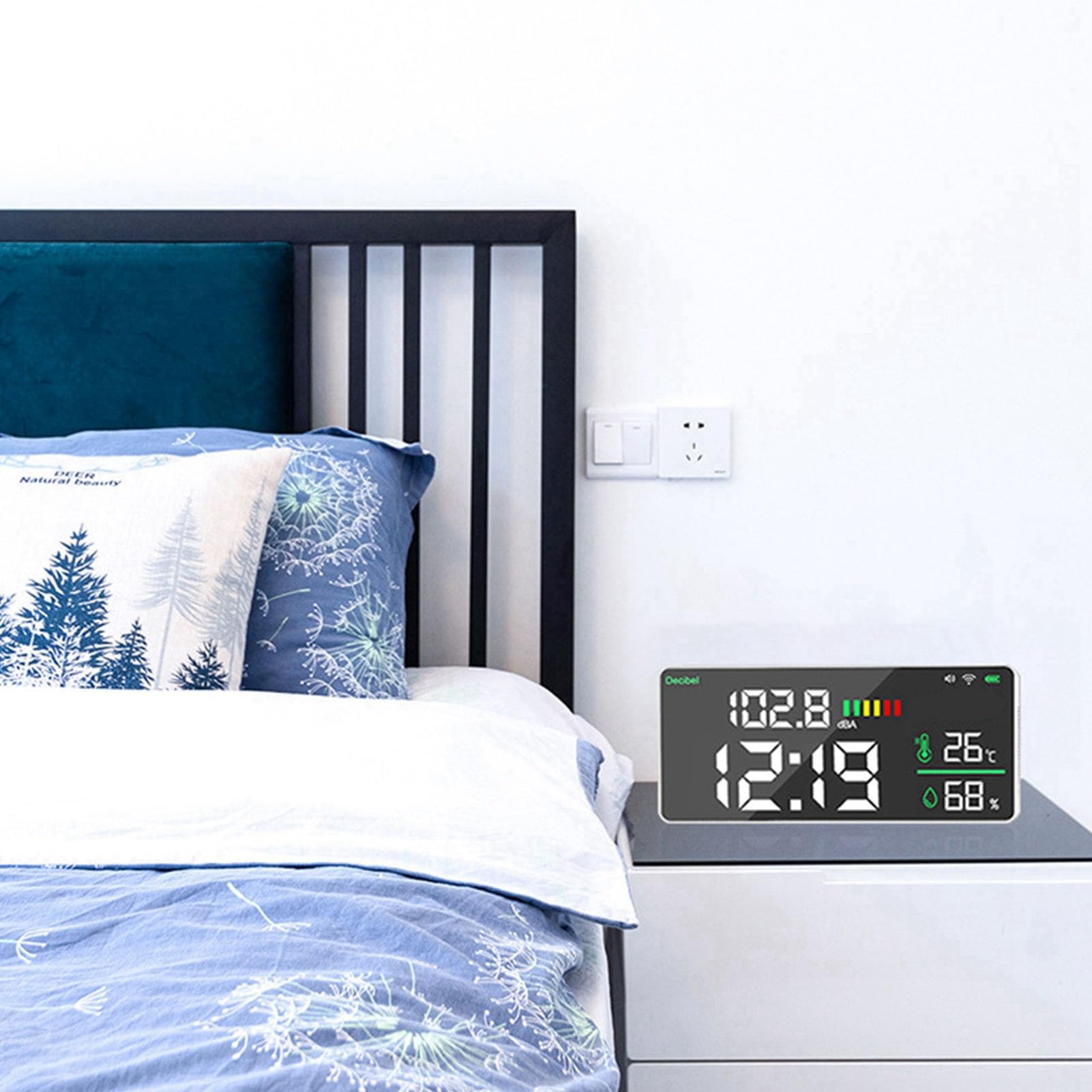 Medidor de Decibelios LED 4 en 1, Medidor de Nivel de Sonido WiFi para Colgar en la Pared, Rango de 30-130 DB, Pantalla LED Grande de 11 Pulgadas, Ruido, Tiempo, Temperatura y Hume