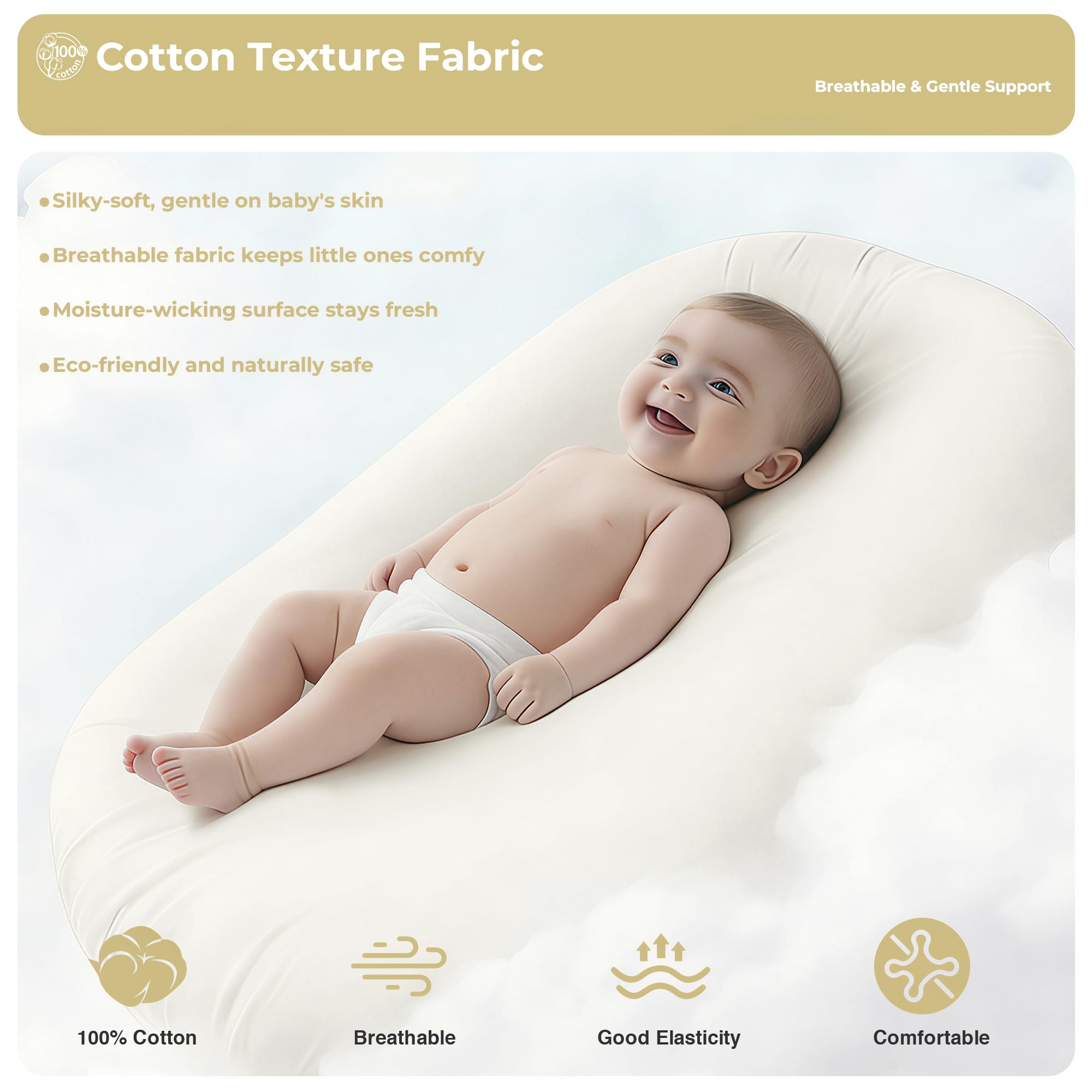 Condition photo showing New/Like New for infant support cushion - baby support cushion for newborn, 0-24 months, breathable cotton fabric infant support cushion, portable newborn essentials for home and travel, white (cover included)