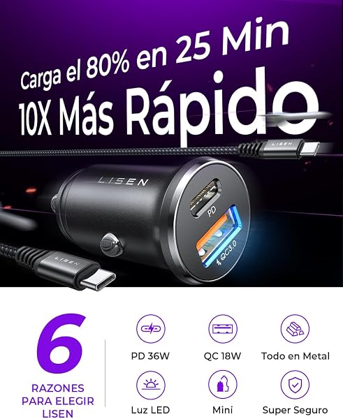 LISEN Cargador Coche Carga Rápida Mechero USB C 69W+60W Cable, Accesorios Coche Camper Electrónicos Flash del Dia, Carregador Isqueiro Carro 12/24V Gadgets para iPhone 17 e 16 Samsung S26 Kindle iPad - 3