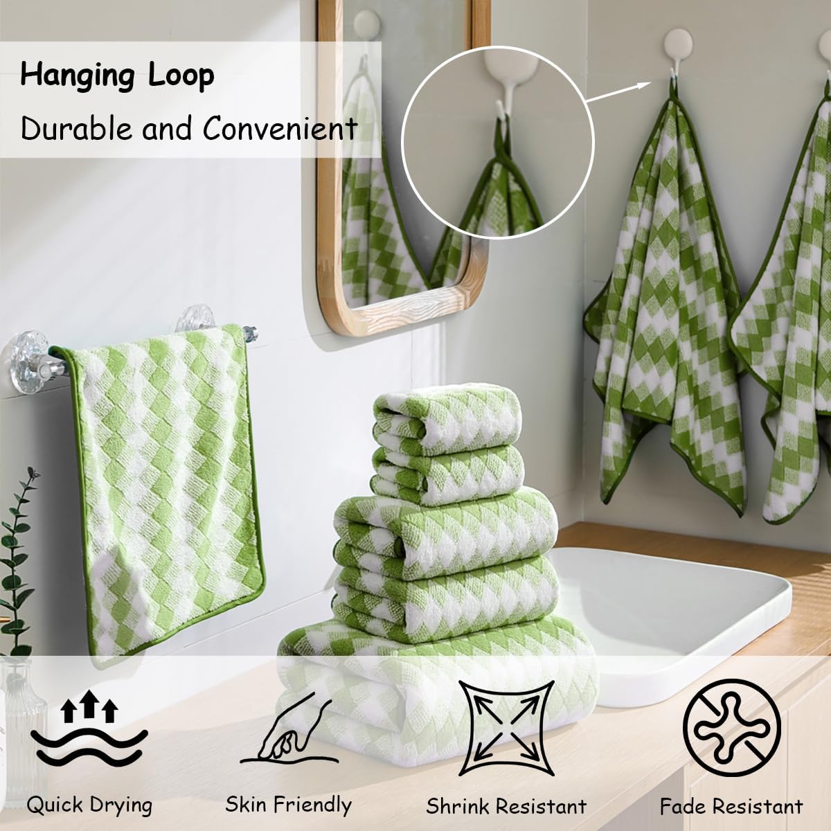 Oliven 12 Pcs Dark Green White Diamond Towel Set-4 Bath Towels,4 Hand Towels,4 Washcloths Soft Polyester Bath Towel with Loop Absorbent Shower Towel Quick Dry Family Towels for Bathroom Spa Gym