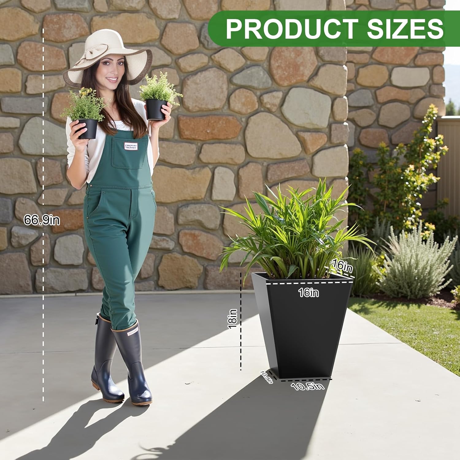 Large Tall Planter for Outdoor Plants,18" Plant Pots Outdoor,Black Tall Planter with Drainage Hole for Front Porch,Patio, Backyard