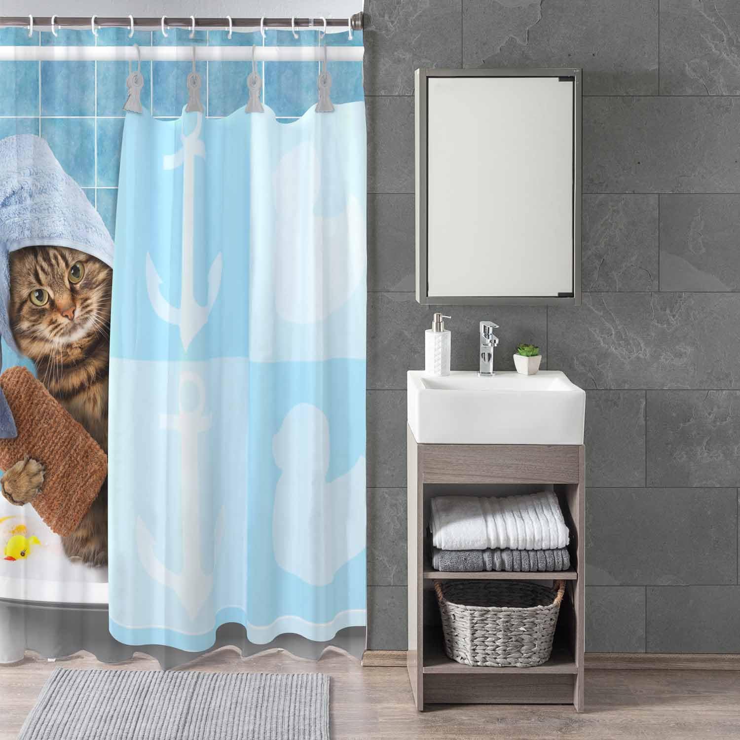 Woutay Shower Curtain Mould Proof Resistant Funny Cat Taking A Bath,Water Repellant Fabric,Polyester,with 12 Plastic Hooks - Image 3