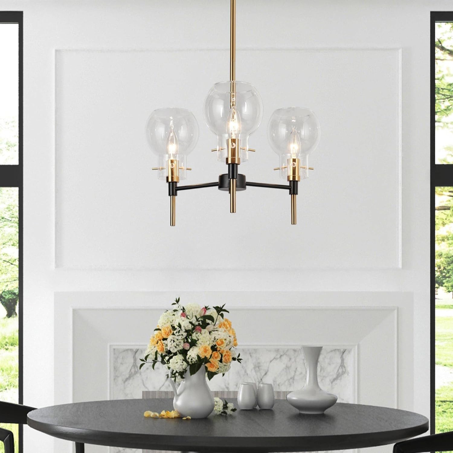 ZEVNI Chandeliers for Dining Room, Modern 3-Light Black Gold Pendant Lighting with Clear Glass Globes for Kitchen, Foyer, Living Room, 16" Dia