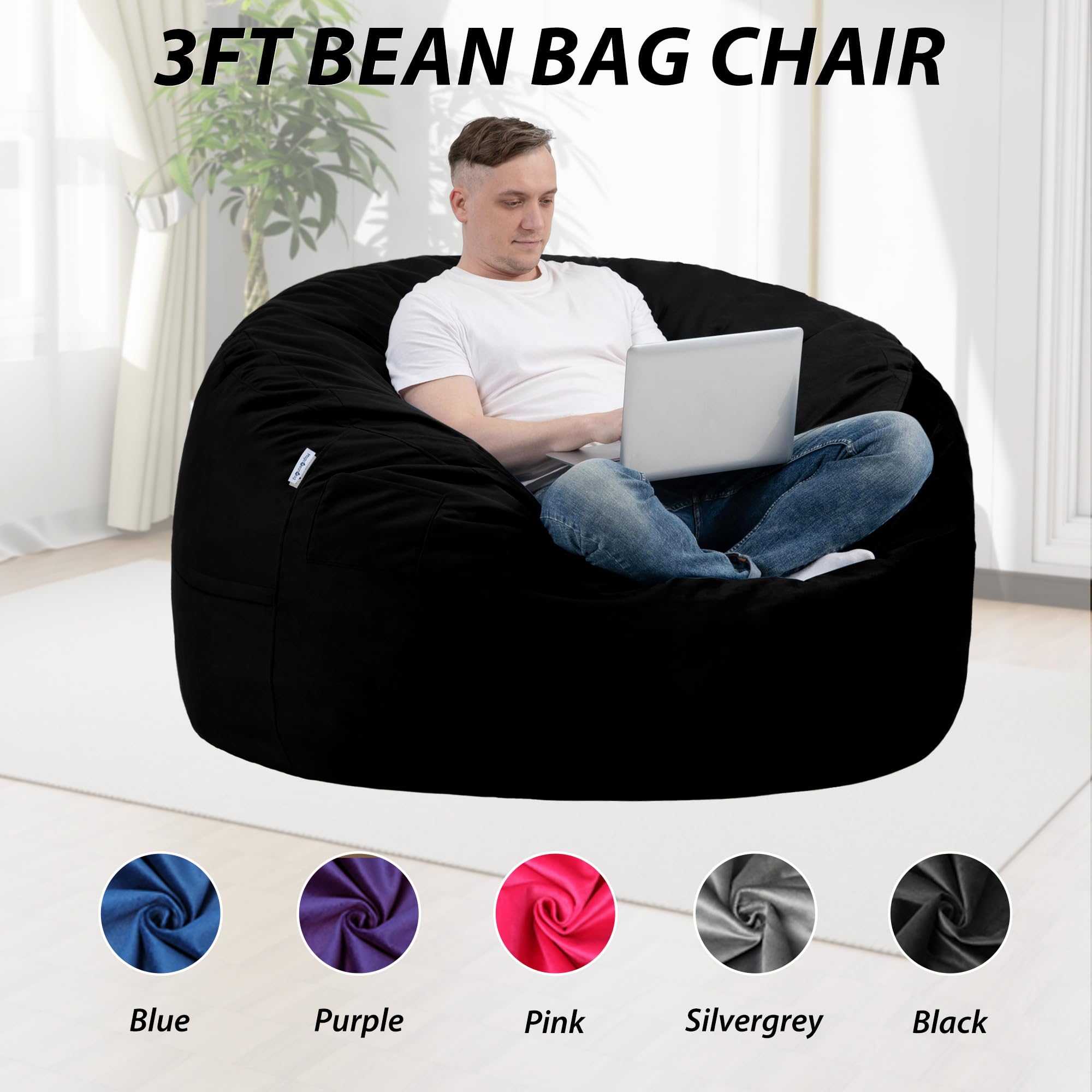 lilanoon Bean Bag Chair 3FT with Ultra Soft Velvet Cover Memory Foam Bean Bag Large Size for Adults Lazy Sofa for Living Room Black 3FT