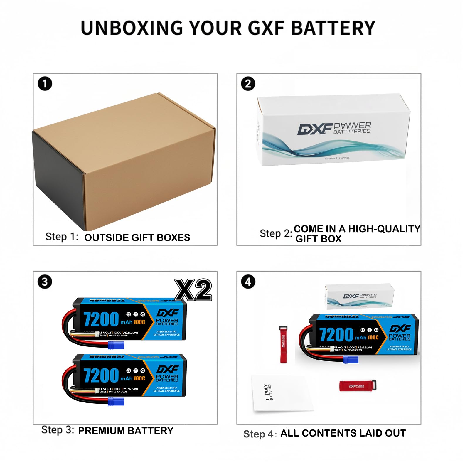 DXF Batteria 3S Lipo 11,1V 100C 7200mAh rigida con spina EC5 per RC Car,RC Truck, RC Auto Barca, Camion Truggy Hobby (2 confezioni)
