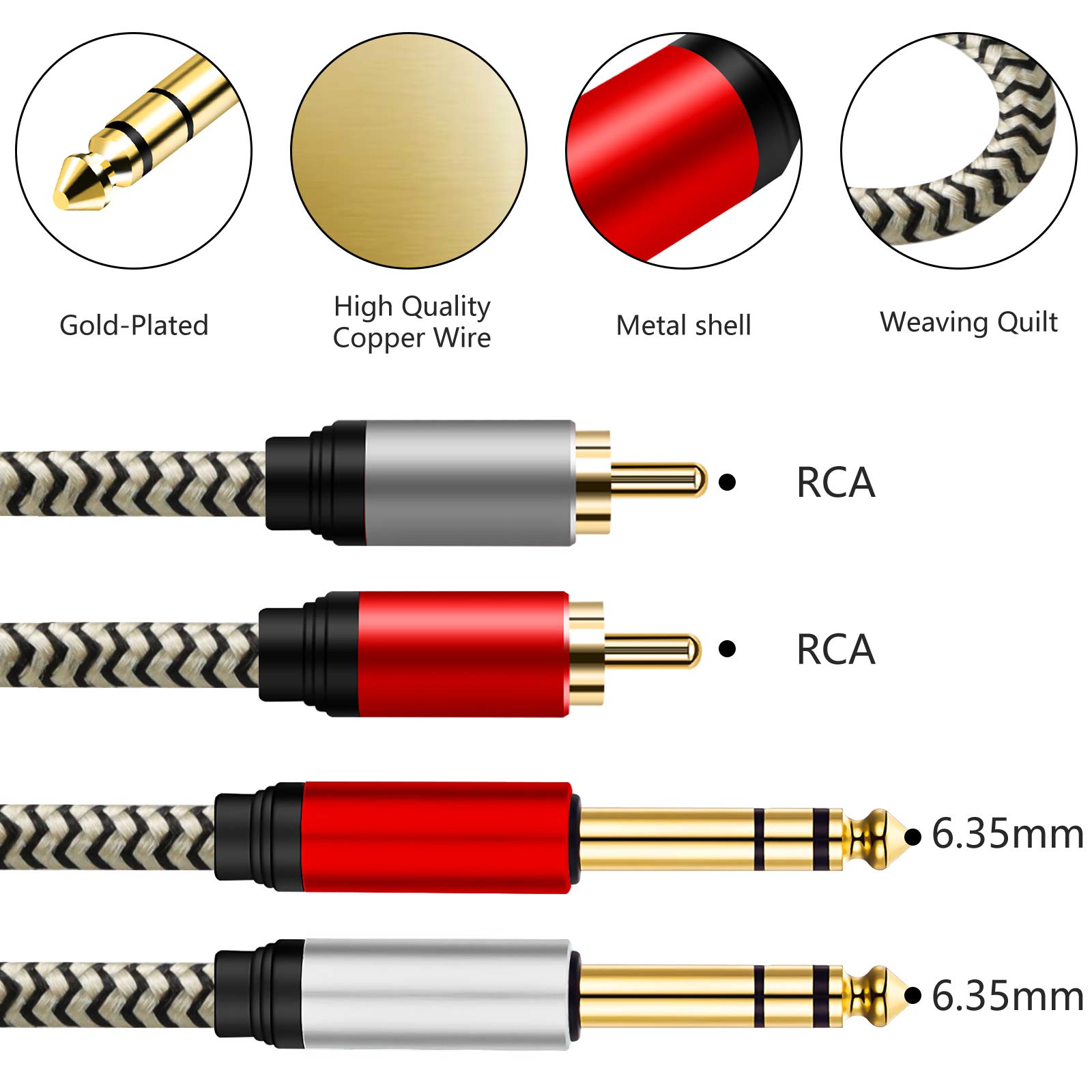 Ubrand 2 x 6.35 mm to 2RCA Cable,Dual 1/4 inch TS Stereo Jack Male to 2 RCA Male Stereo Audio Cable Splitter Adapterwith PVC Shelled Housing and Nylon Braid(12M/40Ft) - Image 2