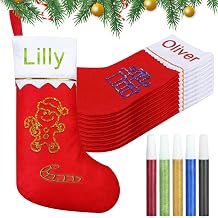 10 Pack Felt Christmas Stockings with 5 Glitter Pens, Large Xmas Stockings Bulk White Red Xmas Stockings for Kids Goodie Bags, White Cuff Gold Trim for Family DIY Holiday Christmas Tree 36cm