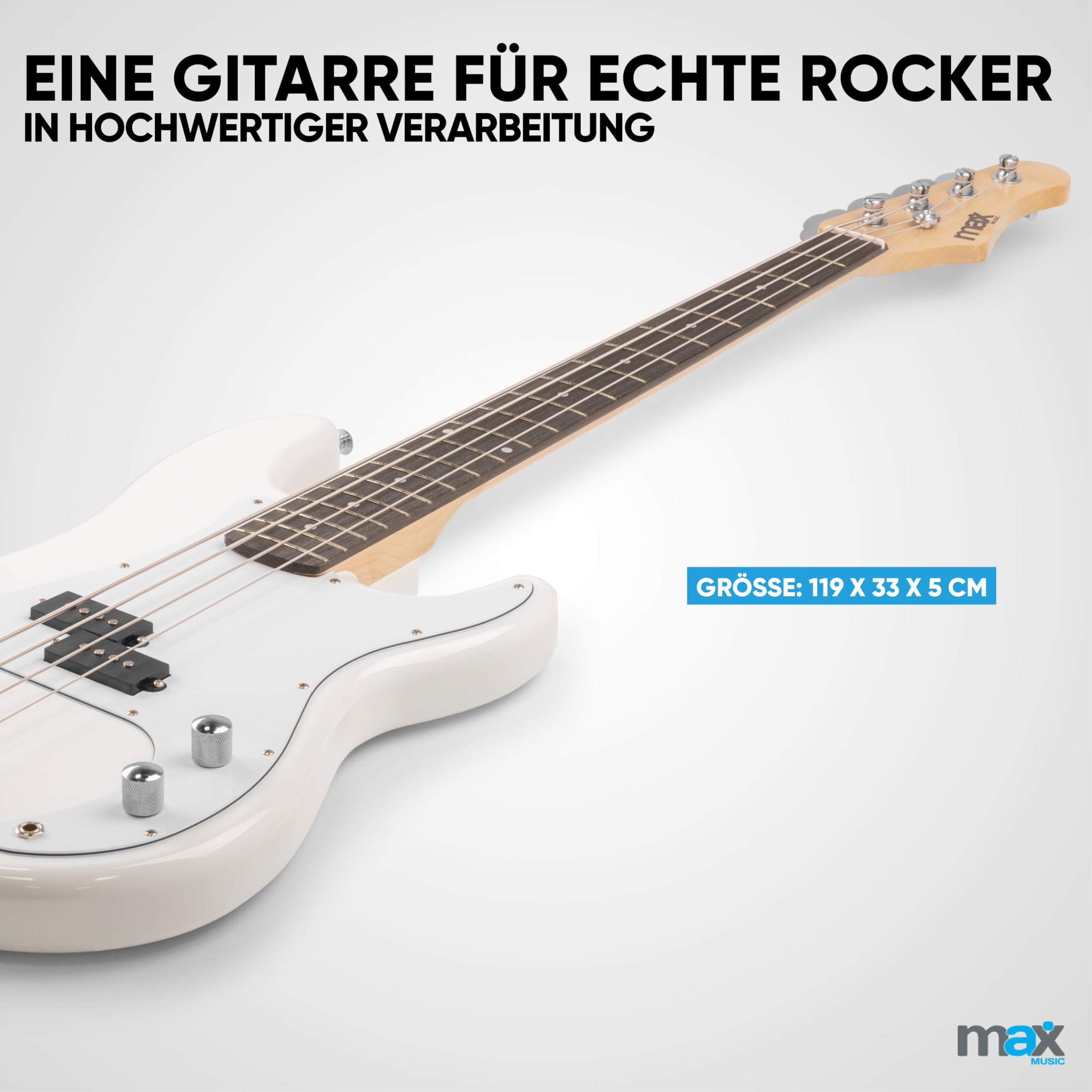 MAX GigKit Bassgitarre Set, E Bass Gitarre, Bass Guitar mit Gitarrenverstärker, Tasche, Stimmgerät, Plektren, Ständer, Gurt, Kabel und Ersatzsaiten - 21 Bünde - Weiß