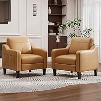 MALOL PU Leather Accent Chair Set of 2, Mid-Century Modern Armchairs with Removable Cushions, Solid Wood Frame, Brown - 300 lbs Capacity