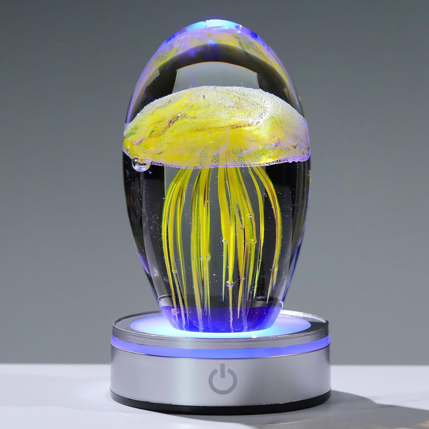 Enjinkail Handmade Jellyfish Lamp – Crystal Glass Figurine Colorful LED Night Light, Ocean-Themed Desk Decor, Aquarium & Beach Room Decor – Gifts for Women Nature Lovers (Yellow)