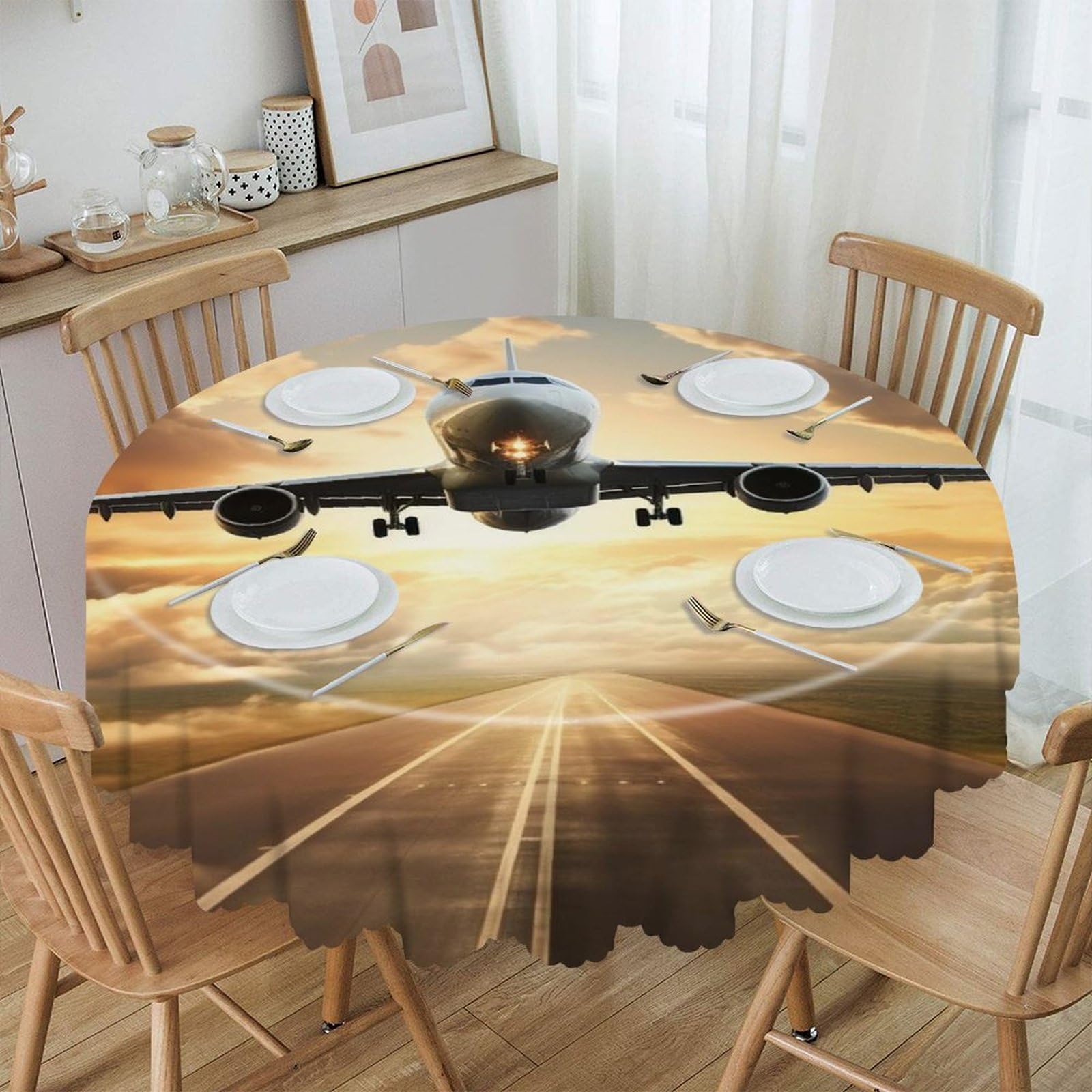 VstaDank 60 Inch Round Airplane Tablecloth Polyester Waterproof Wrinkle Free Table Cloth Spillproof Washable Table Cover Colorful Tablecover Decor for Home Kitchen Dining Party
