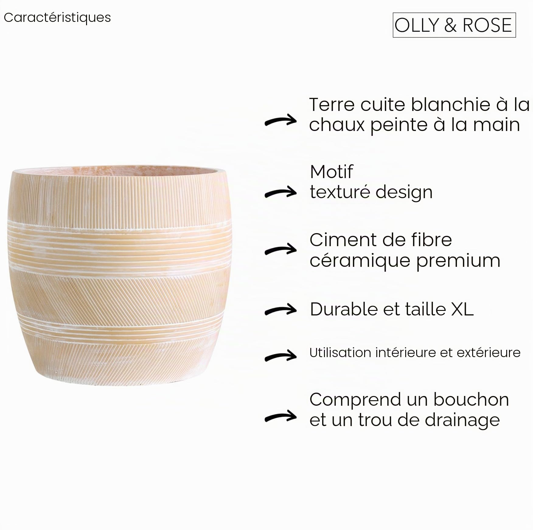 Olly & Rose Pot de Fleurs Grande Extra Large à Motifs – Fibre Ciment Terre Cuite – Pot de Fleurs XL – H 50 cm P 44 cm - Jardinieres Exterieur Grande Taille