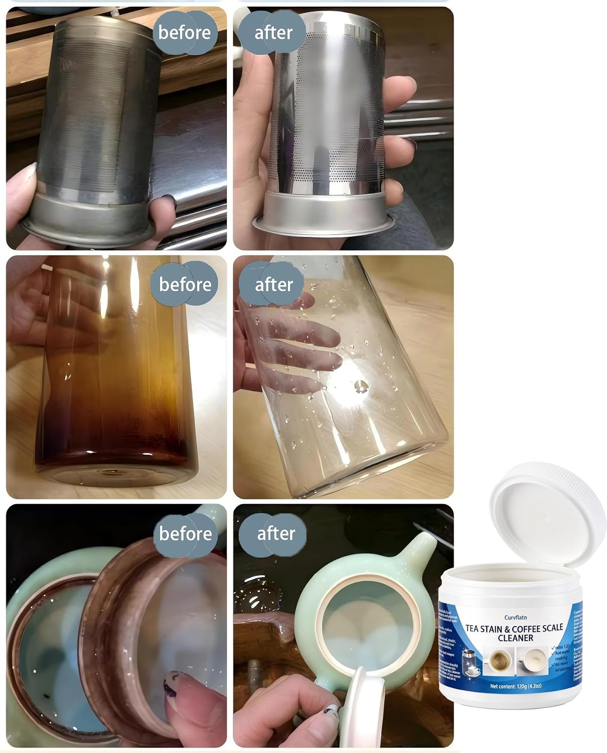 Food Grade Tea Stain & Coffee Scale Cleaner - Easy Cleaning Powder for Stainless Steel, Glass, Ceramic, Silicone - Removes Coffee, Tea Limescale with Hot Water Soak (120, Grams)
