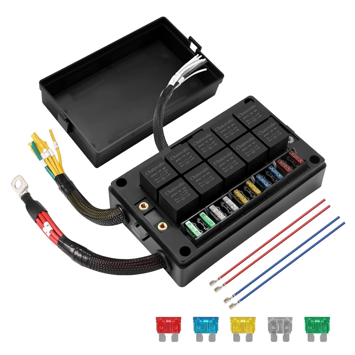 12V 10-Way Pre-Wired Relay and Fuse Block – Splash-Resistant, High-Capacity Automotive & Marine Power Panel