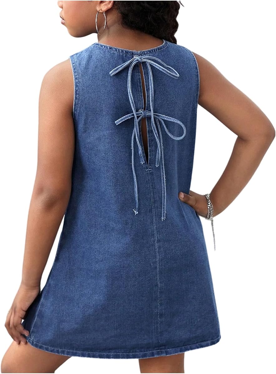 Floerns Vestido vaquero sin mangas con cuello redondo y lazo en la espalda para niña