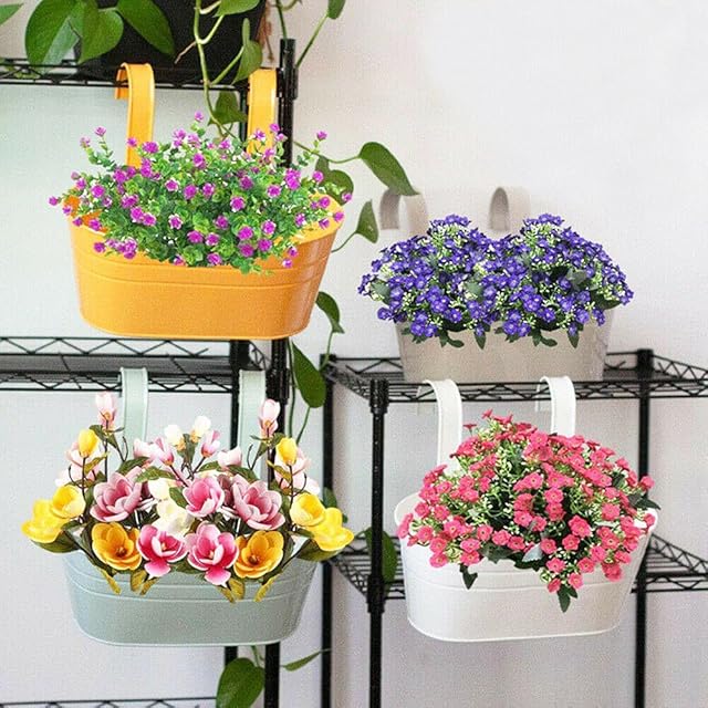 4PCS Metal Iron Hanging Flower Pots Vase, Oval Railing Fence Garden Balcony Planter Pots with Dual Detachable Hooks, Wall Hanging Planter Bucket Flower Holders for Fence Garden Home Decoration
