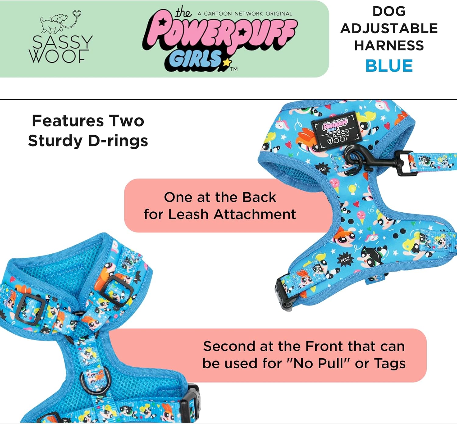 Sassy Woof Dog Adjustable Harness - The Powerpuff Girls™ (Blue) - XS, Breathable Mesh, No Pull Design with Two D-Rings, Patented Design, Perfect for Small Dogs and Puppies - Officially Licensed