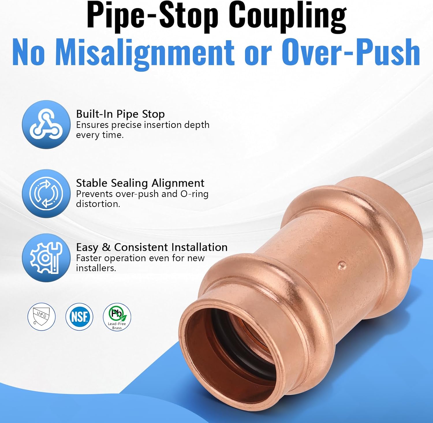 (15-Pack YVSKM) 1/2" Press Fittings Assortment Kit – 5 Tee + 5 Coupling + 5 Elbow with Stop, Zero Lead, Fits 1/2 Inch Pipe Systems for Water Lines, Heating Loops, Repair & Upgrade Projects