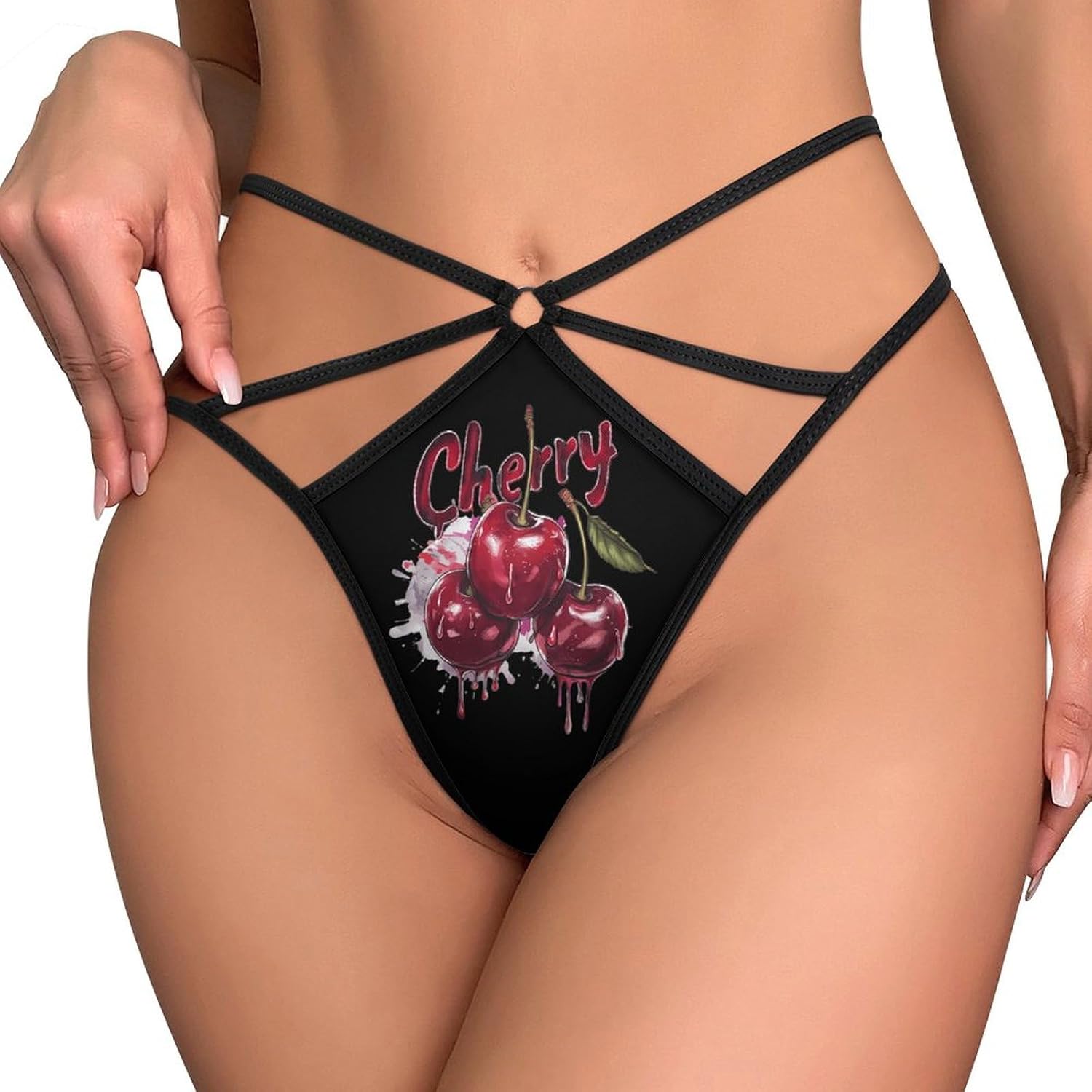 Watercolor Cherry Funny Women's T-back Thong Panties G-String Printed No Show Underwear