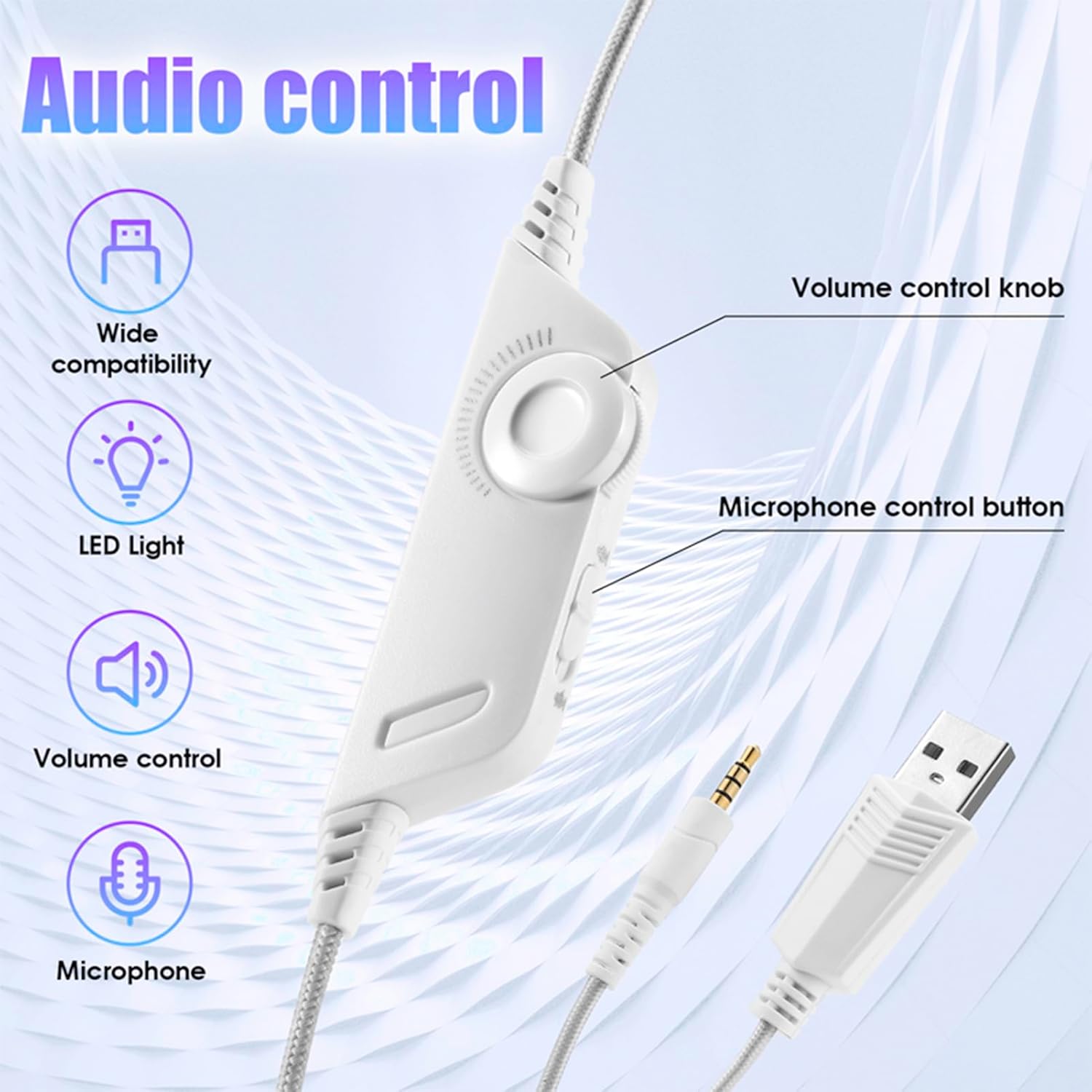 USB Gaming Headset for PC, Noise Cancelling Over Ear Headphones with Mic, LED Light, Wired Computer Headset for Laptop, Office (White)