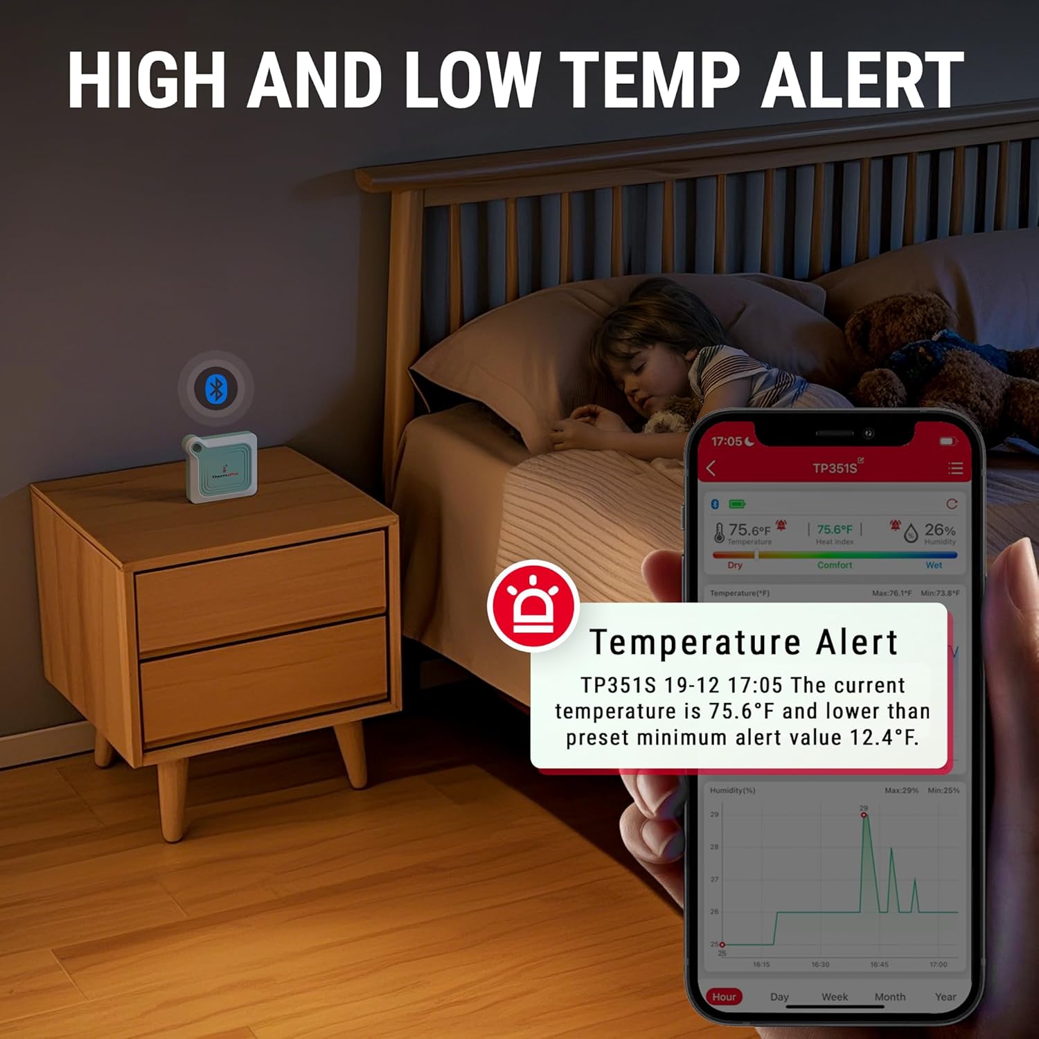 Smartphone app showing temperature and humidity alerts with a sleeping child in the background