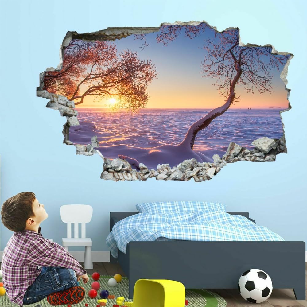 Effet De Mur Brisé 3D Paysage Coucher De Soleil Arbre Stickers Muraux Imperméables Art Amovible Neige Sticker Mural En Vinyle Pour Décoration Murale De Chambre À Coucher Pour Enfants, Garçons, Filles