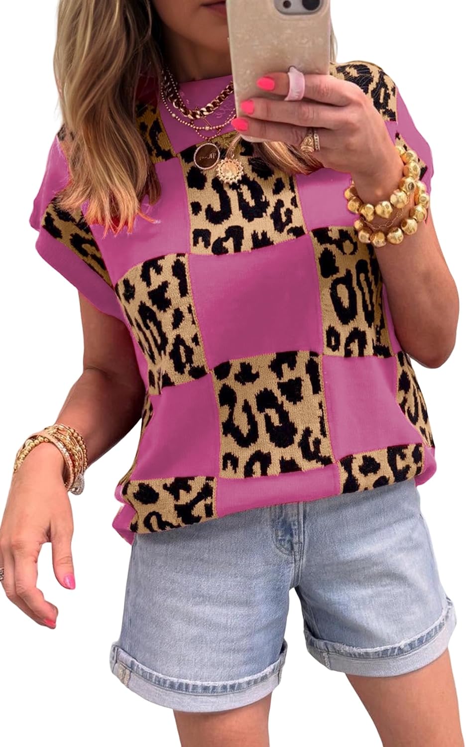 UONBOX Womens Summer Loose Leopard Checkerboard Crew Neck Sweater Tops Short Sleeve Knit Casual Blouse 2026 Trendy