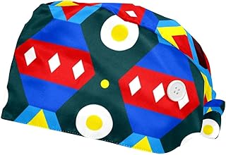 2 tapas Bouffant unisex con botones y banda para el sudor para mujeres y hombres, color azul geométrico