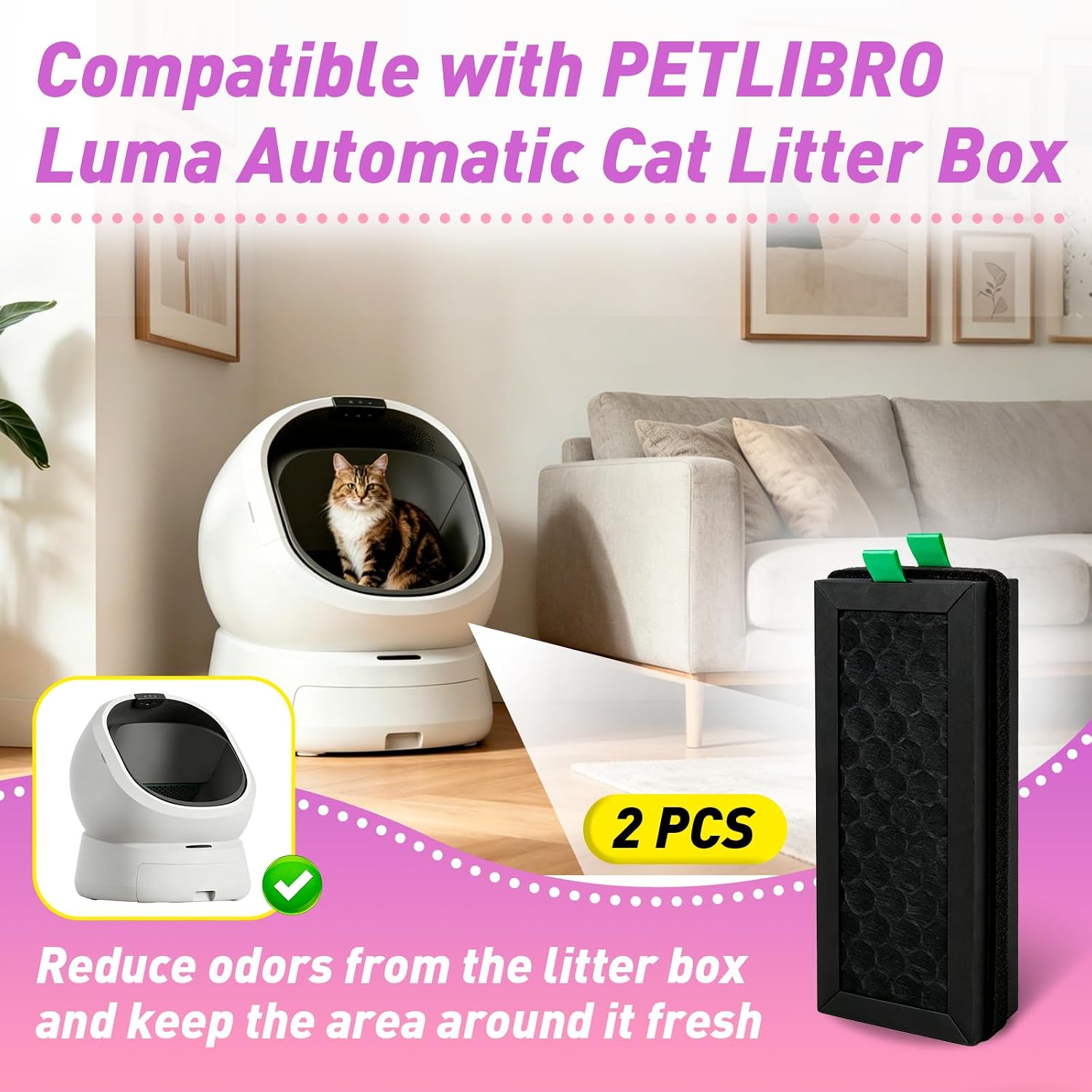 2PCS Replacement Activated Carbon Filter Compatible with PETLIBRO Luma | Highly Efficient Deodorizing Activated Carbon Filter, Cat Litter Box Accessory