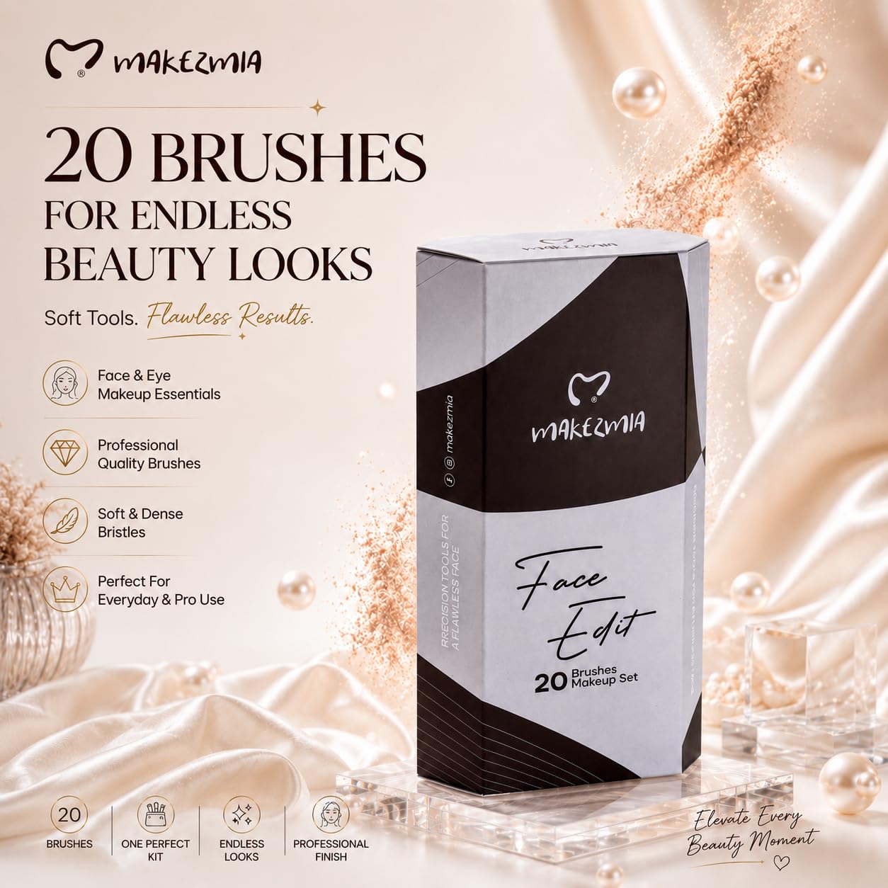 Makezmia Face Edit - Set di 20 pennelli per fondotinta, correttore, illuminante e sfumatura, pennelli da donna, set di pennelli per truccatori
