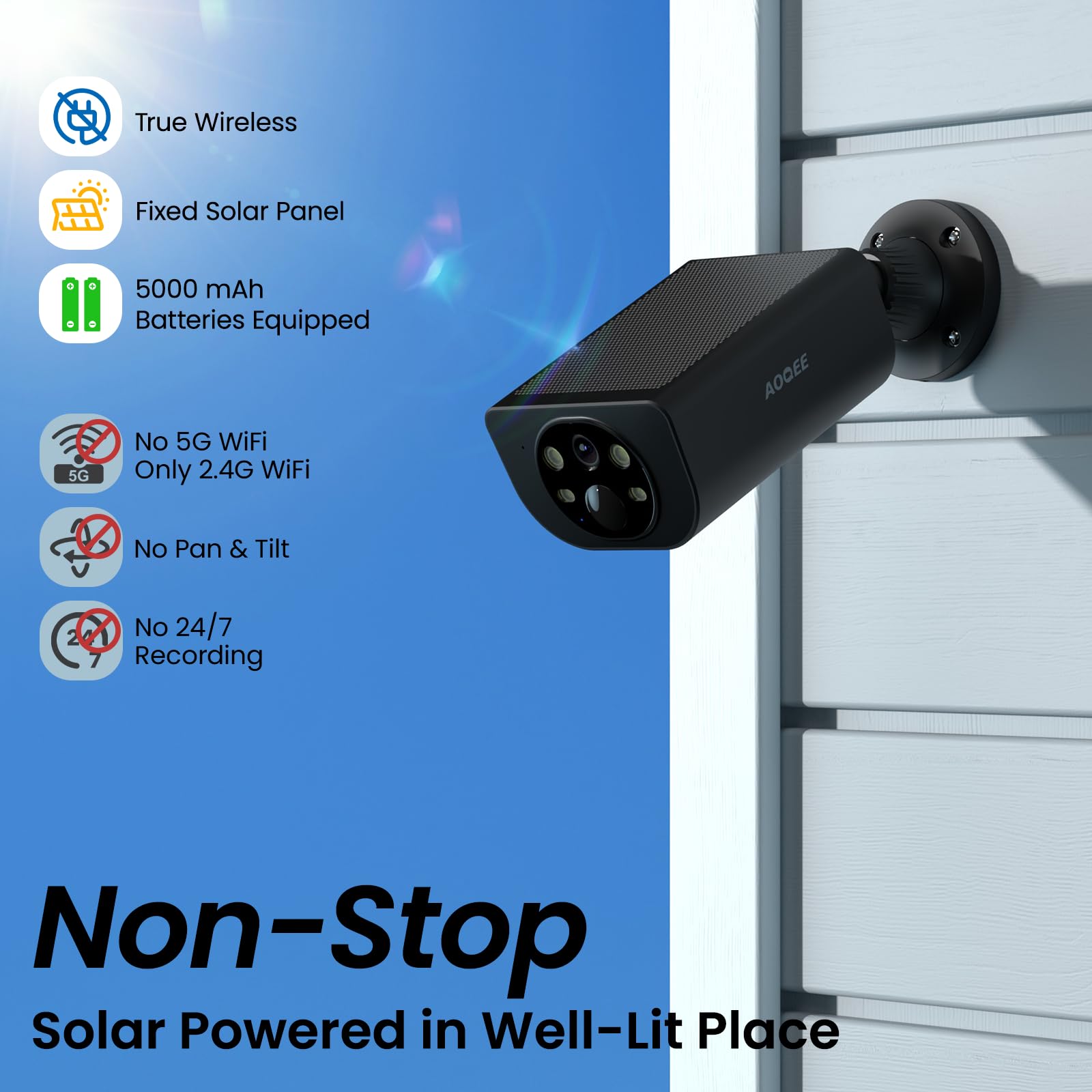 AOQEE 2K 3MP Camera Exterieure sans Fil Solaire 2.4GHz WiFi Étanche IP65 S1 | Camera Surveillance WiFi Exterieure Panneau Solaire intégré, Détection Humaine AI, Alerte Instantané PIR, Sirène (Noire)