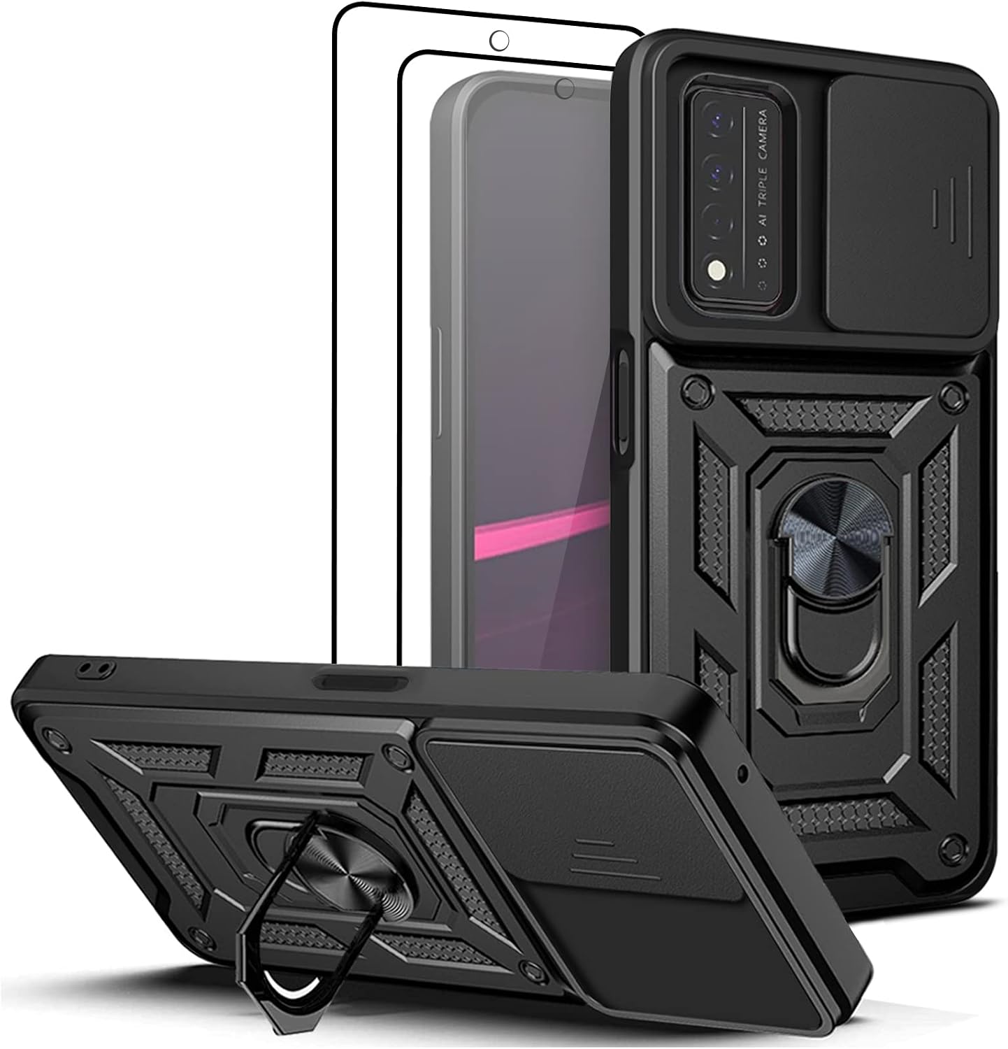 Jusy [3p] T-Mobile Revvl V+ 5G case with Slide Camera Protector + 2 Screen Protectors, Rotating Kickstand and Support Car Magnetic Bracket, Full Protection Revvl V+ 5g Phone Case T-Mobile (Black)