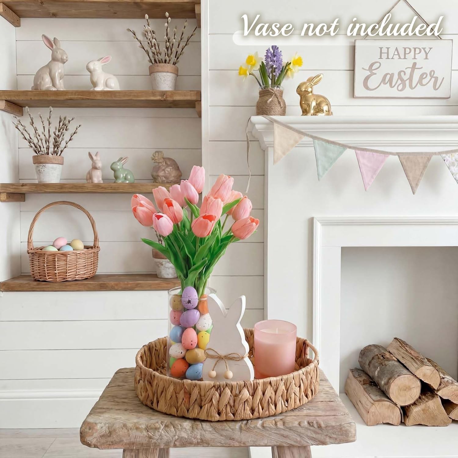 Novabright Spring Easter Centerpiece Table Decorations Pastel Eggs Artificial Tulips Wooden Bunny Statue Basket Tray Bowl for Easter Farmhouse Decor for Coffee Table Kitchen Living Room