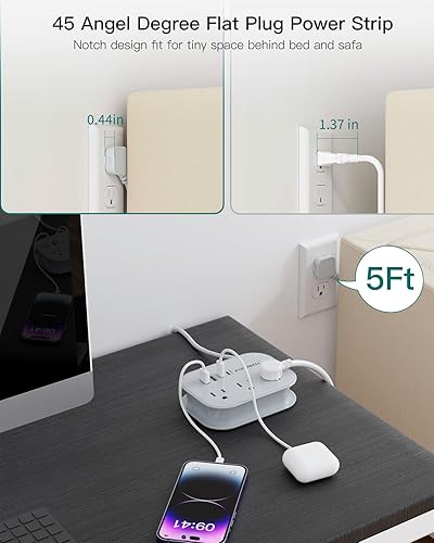 Miniatura 5 de Regleta de alimentación de enchufe plano tira de alimentación de viaje USB, 3 salidas y 3 puertos USB (1 USBC), estación de carga de escritorio,