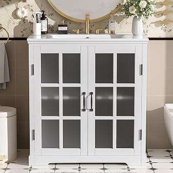30-inch Modern Bathroom Vanity Cabinet with Ceramic Sink, Tempered Glass Doors, Adjustable Shelf, Matte Black Handles White