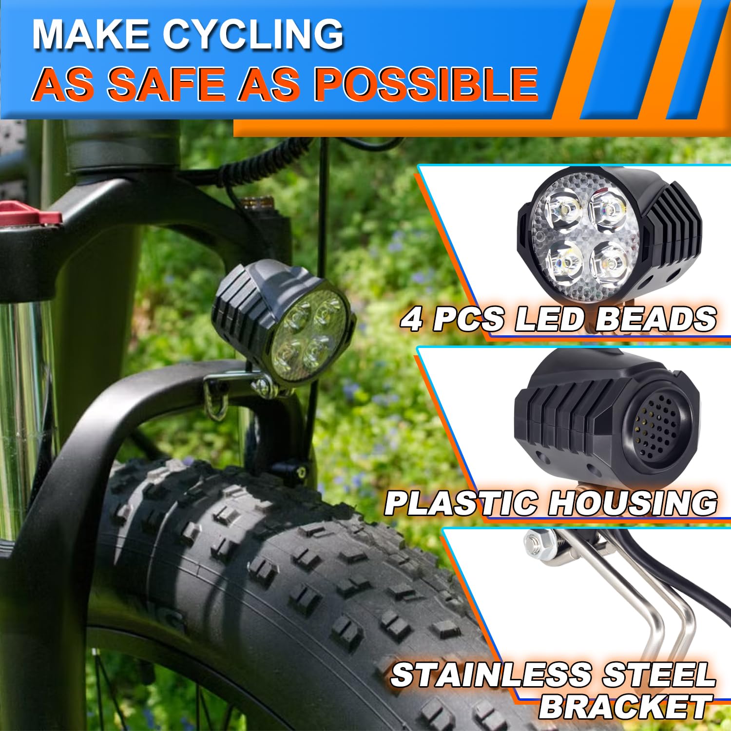 Fanale anteriore per e-bike 48V 36V, compatibile 12V-60V, faro elettrico per bici con connettore impermeabile a 2 pin