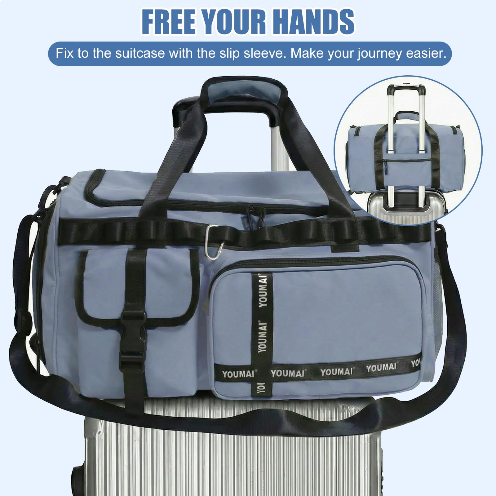 Bolsa de deporte de viaje para hombre y mujer, grande, 65 L, con compartimento para zapatos y compartimento húmedo, gran capacidad, bolsa de viaje, bolsa de natación, bolsa de dormir (azul) — view 5