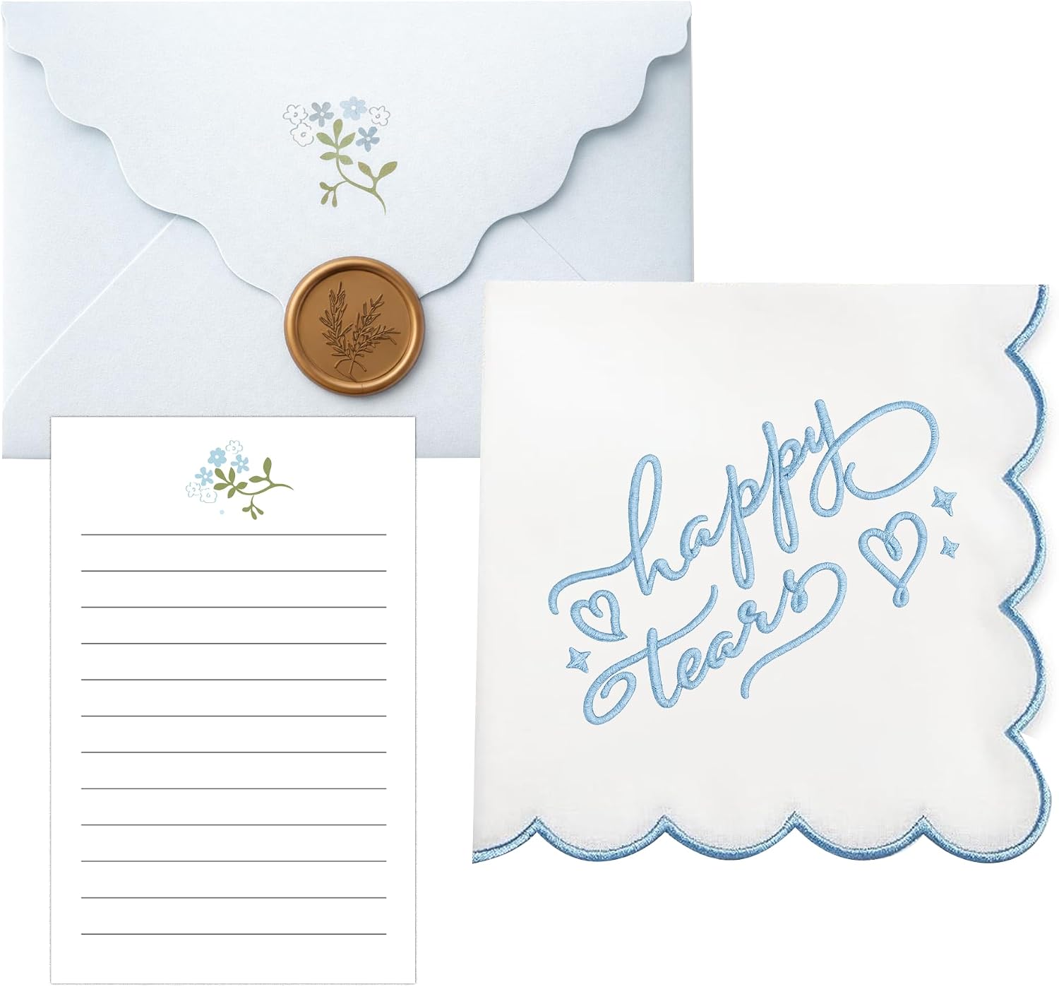 Happy Tears Handkerchief - Scalloped Envelope Floral Design and Wax Seal. Keepsake Hankie Favor