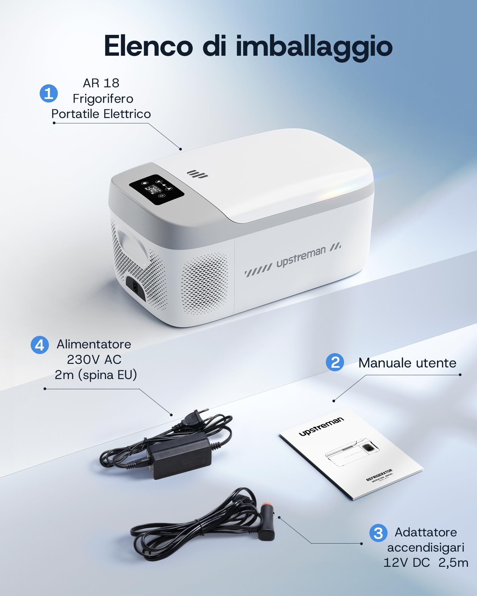 Upstreman Frigorifero Portatile Elettrico Compatto 15Lmprefrigerazione/congelamento - Compressore Potente, Silenzioso 39dB e Adattatori 12V/240V Inclusi per Auto e Casa, Bianco-AR18