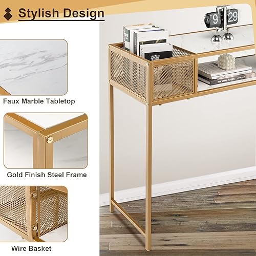 Miniatura 6 de GOFLAME Mesa consola con almacenamiento, mesa de sofá de mármol sintético blanco con marco acabado dorado, mesa de entrada estrecha con estantes