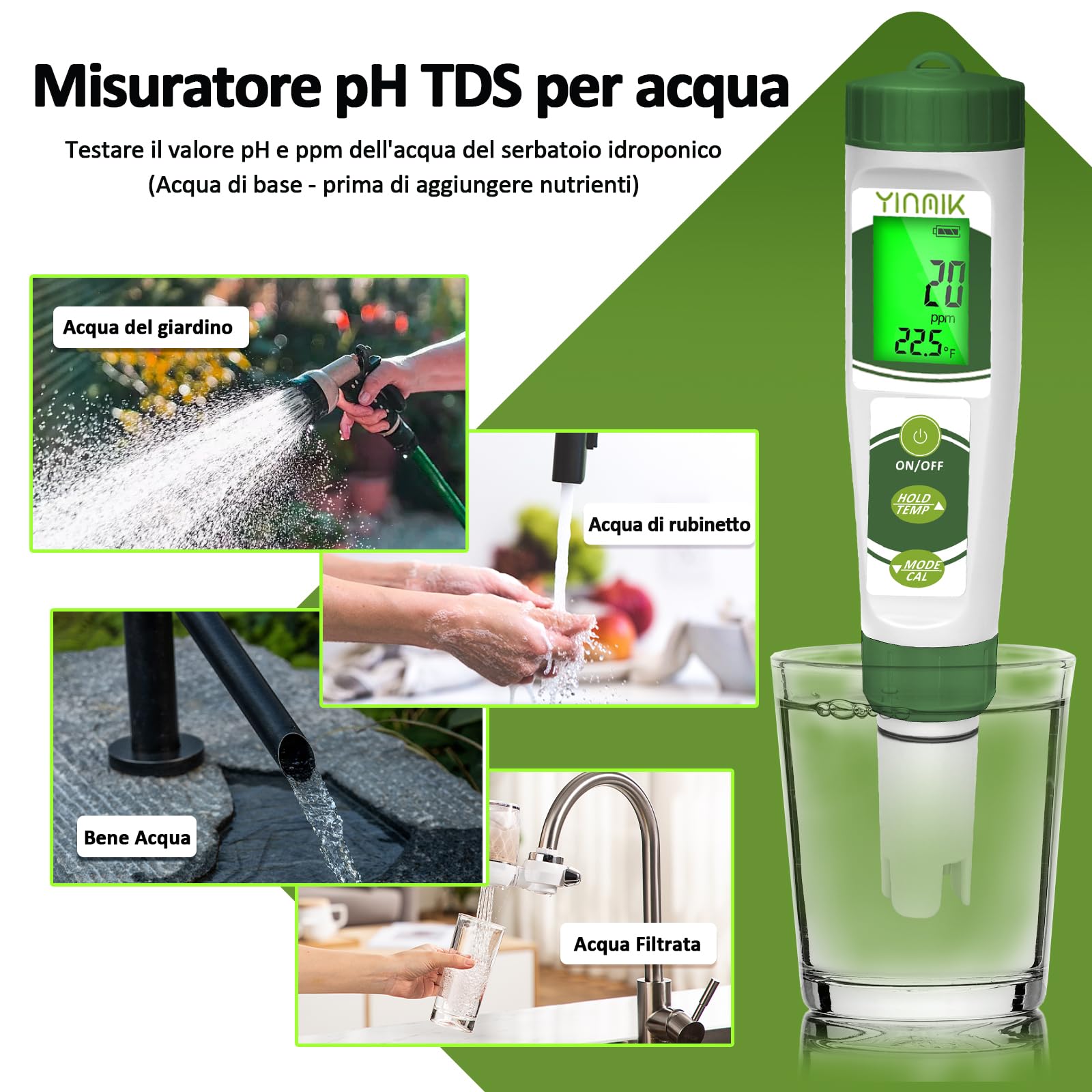YINMIK Misuratore di pH elettronico Nuovo 2024, Tester pH per piscine, 4 in 1, Conduttimetro, Tester PPM, Misura pH EC TDS e Temperatura per coltura idroponica, Spa, Acqua potabile, Acquario