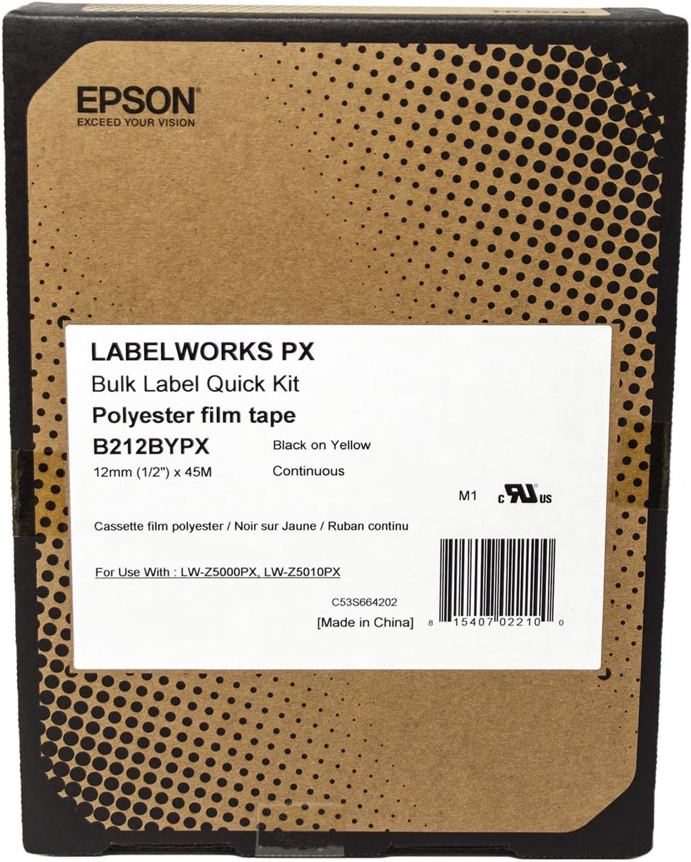 Epson LABELWORKS B212BYPX Genuine Bulk Continuous PET (Polyester) Tape - Black on Yellow Standard Industrial Label Maker Tape - 1/2" (12MM) Wide, 147.6 ft